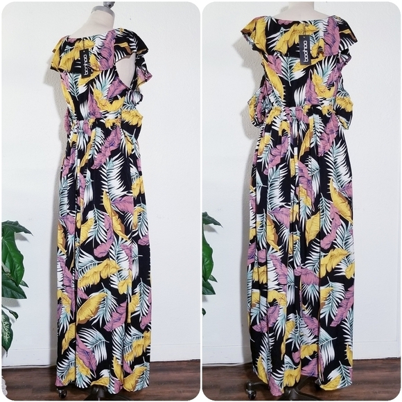 BOOHOO Knot Front Double Split Palms Maxi Dress 12 - Picture 3 of 10